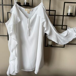 Michael Kors Elegant White Ruffle Cold Shoulder Top